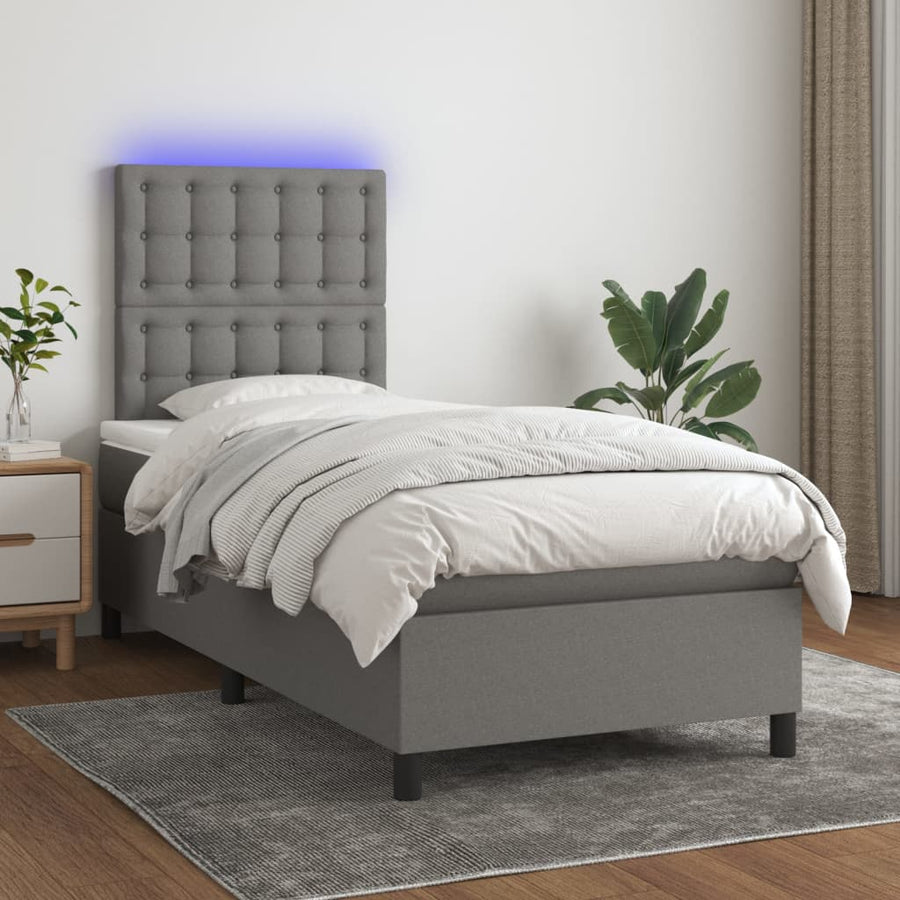 Box Spring Bed with Mattress&LED Dark Grey 107x203 cm King Single Fabric