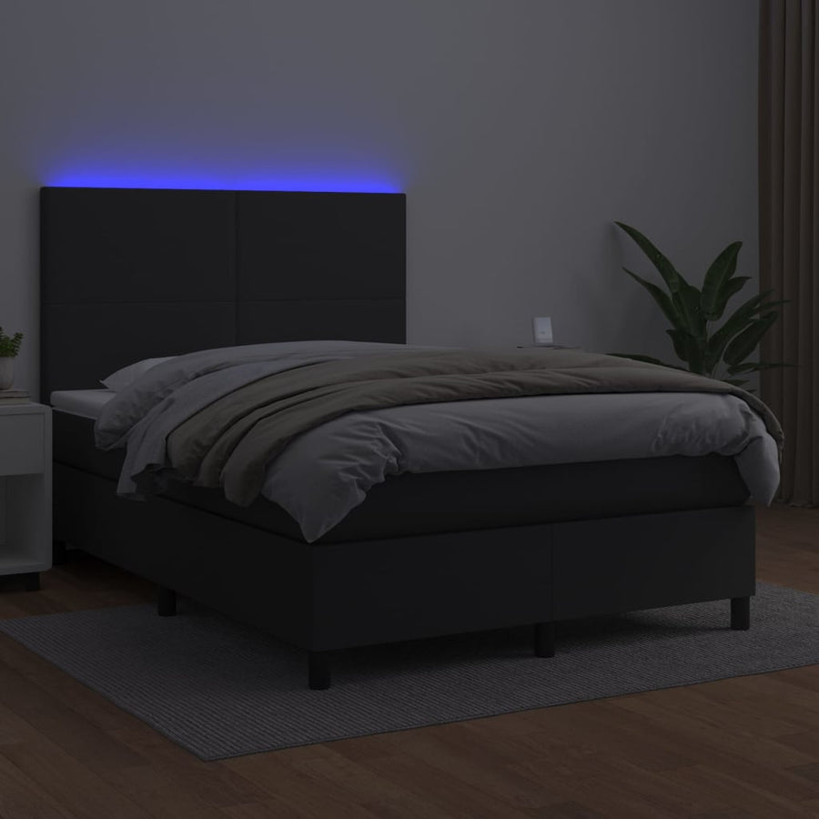 Box Spring Bed with Mattress&LED Black 137x190 cm Double Faux Leather