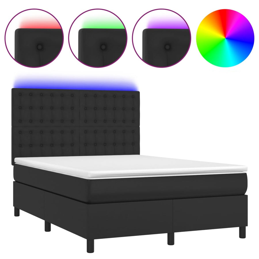 Box Spring Bed with Mattress&LED Black 137x190 cm Double Faux Leather