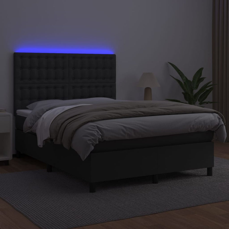 Box Spring Bed with Mattress&LED Black 137x190 cm Double Faux Leather