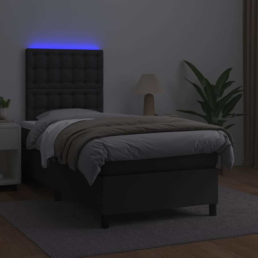 Box Spring Bed with Mattress&LED Black 107x203 cm King Single Faux Leather