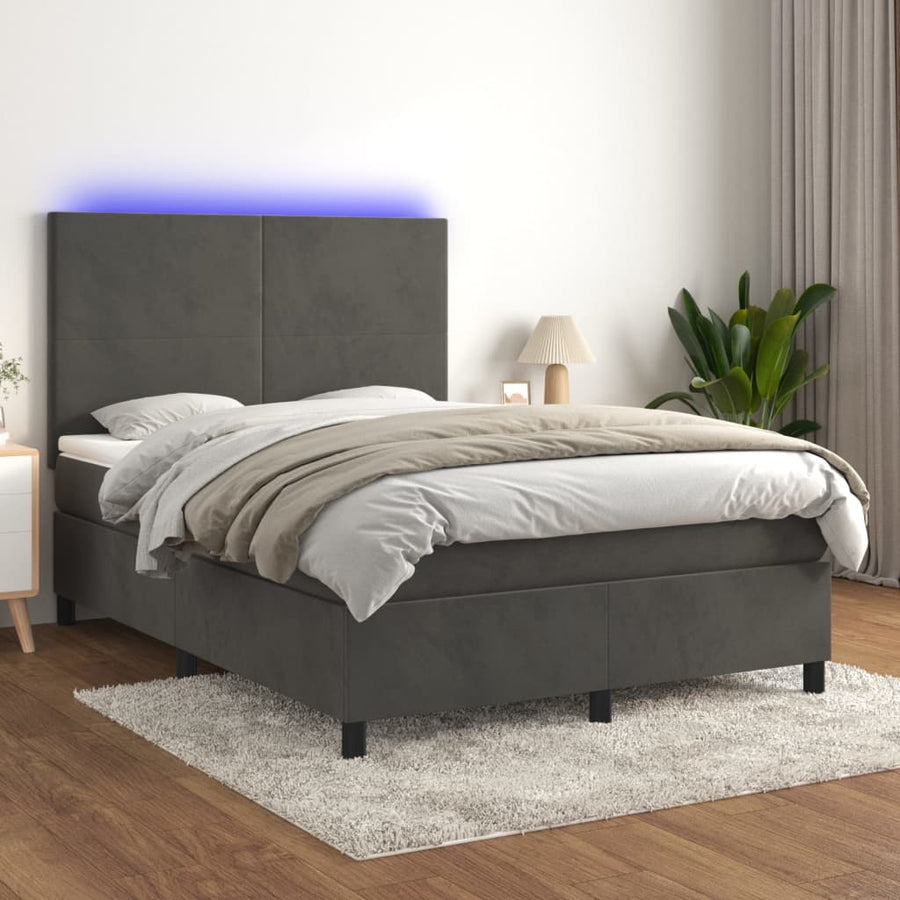 Box Spring Bed with Mattress&LED Dark Grey 137x190 cm Double Velvet