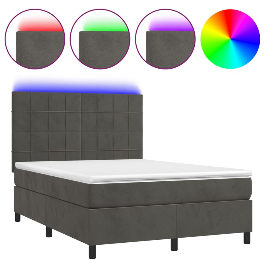 Box Spring Bed with Mattress&LED Dark Grey 137x190 cm Double Velvet