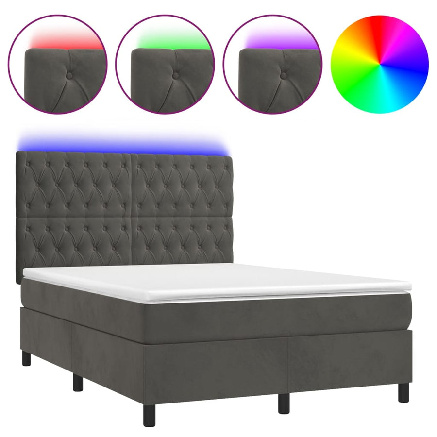 Box Spring Bed with Mattress&LED Dark Grey 137x190 cm Double Velvet