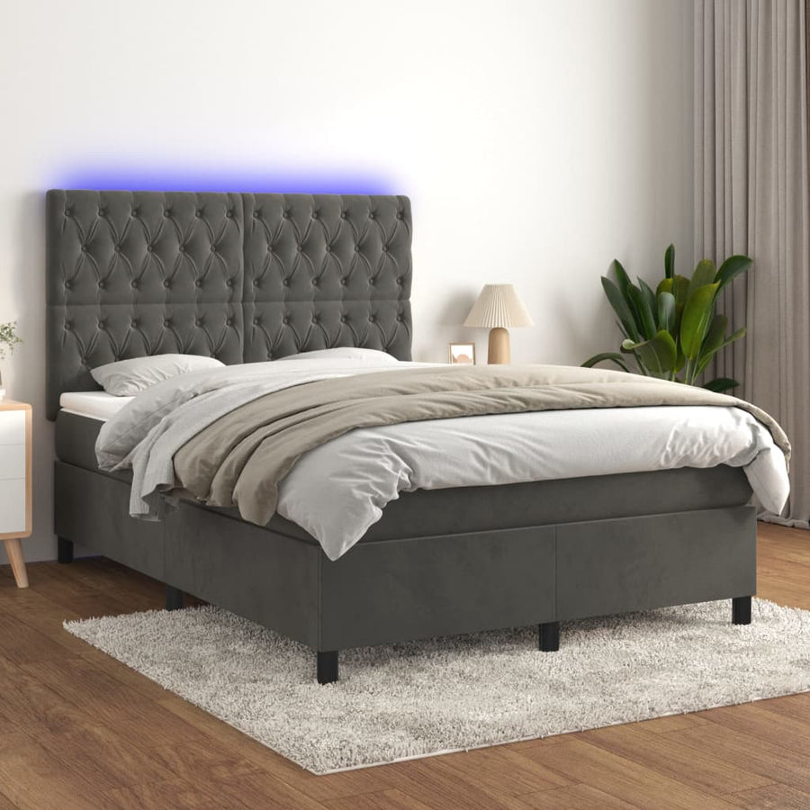 Box Spring Bed with Mattress&LED Dark Grey 137x190 cm Double Velvet