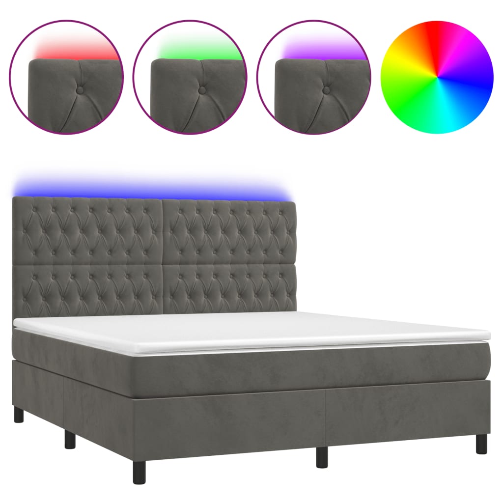 Box Spring Bed with Mattress&LED Dark Grey 153x203 cm Queen Size Velvet