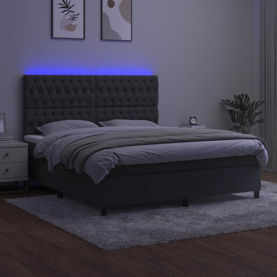 Box Spring Bed with Mattress&LED Dark Grey 152x203 cm Queen Velvet