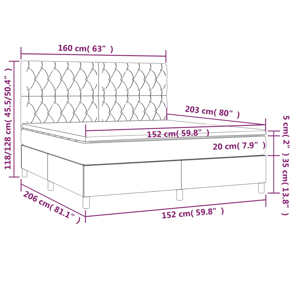 Box Spring Bed with Mattress&LED Dark Grey 153x203 cm Queen Size Velvet