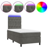 Box Spring Bed with Mattress&LED Dark Grey 106x203 cm King Single Size Velvet - Front View
