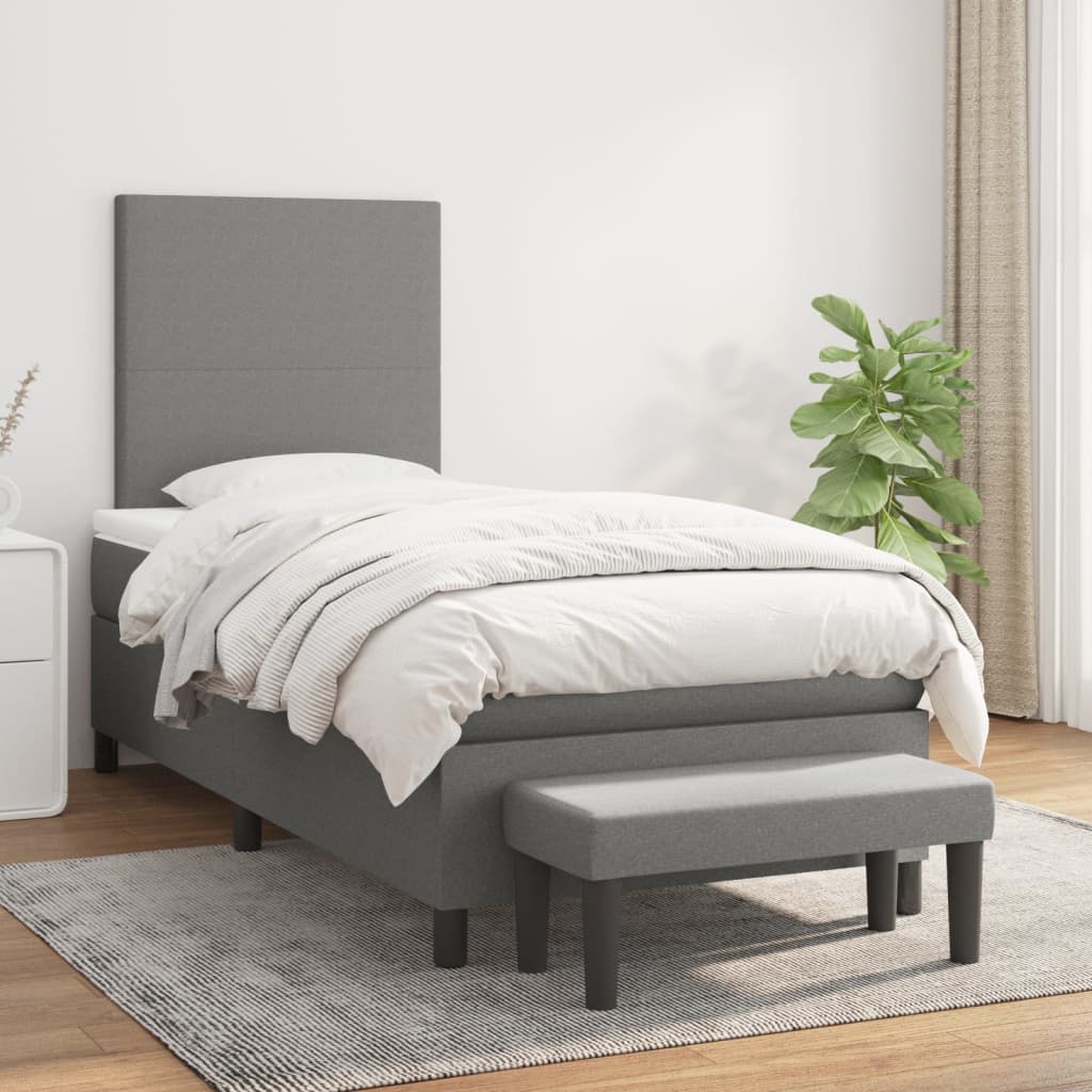 Box Spring Bed with Mattress Dark Grey 107x203 cm King Single Fabric