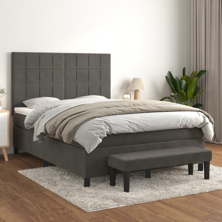 Box Spring Bed with Mattress Dark Grey 137x190 cm Double Velvet