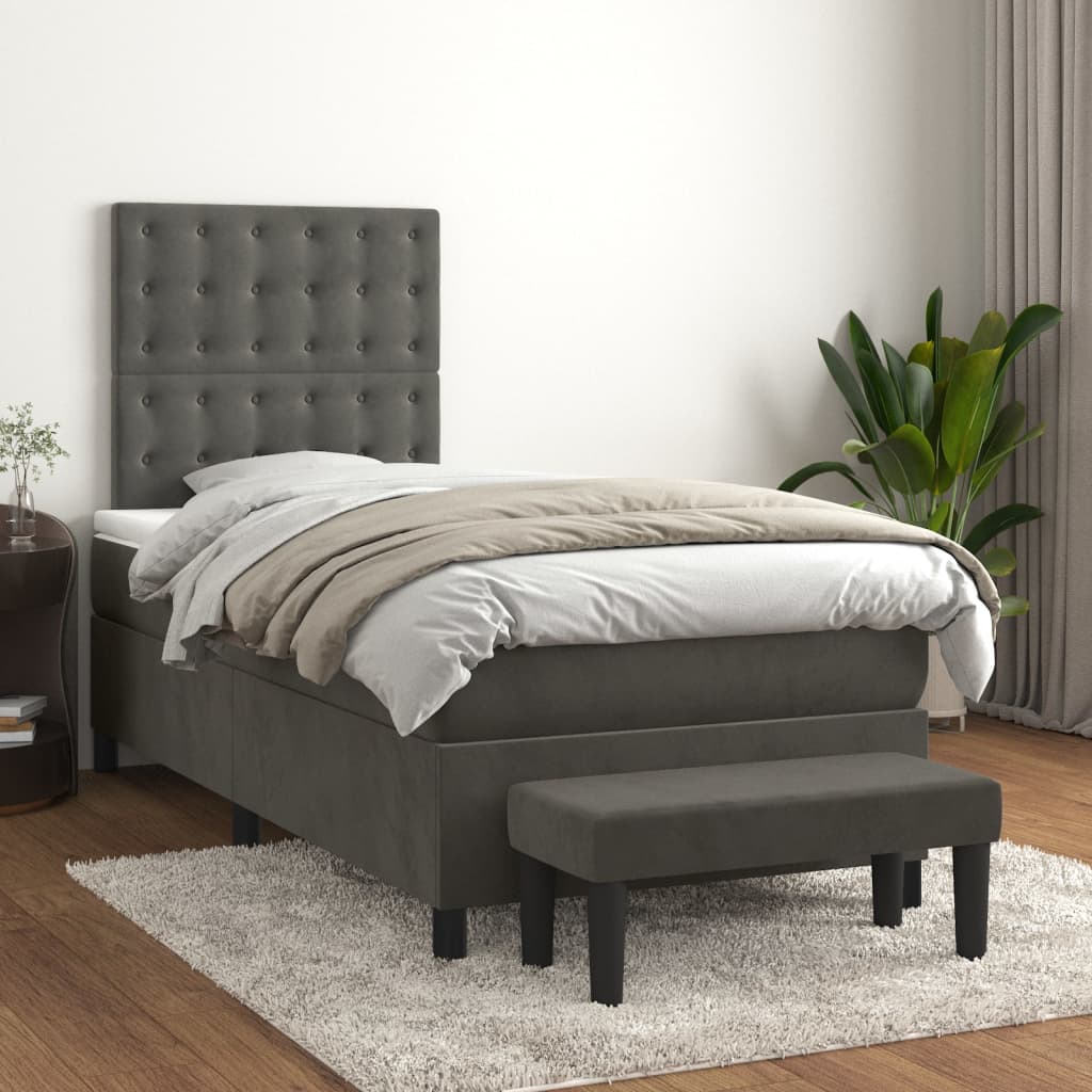 Box Spring Bed with Mattress Dark Grey 107x203 cm King Single Velvet