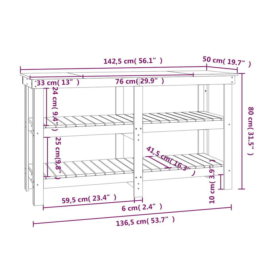 Work Bench 142.5x50x80 cm Solid Wood Pine