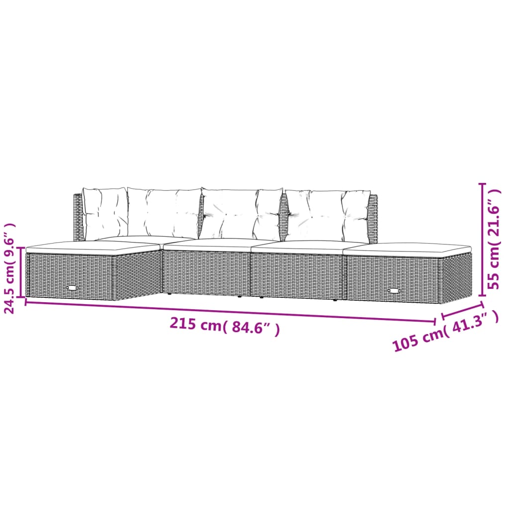 5 Piece Garden Lounge Set with Cushions Black Poly Rattan