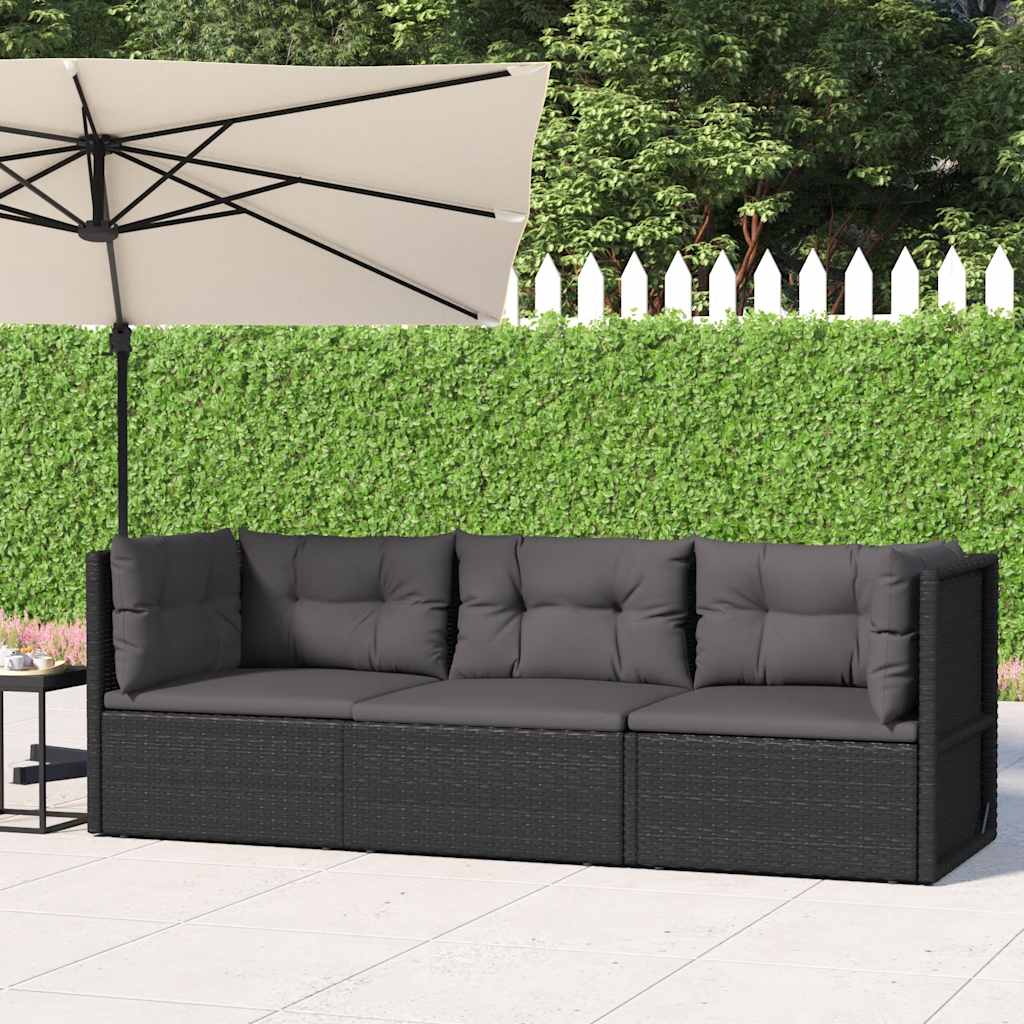 3 Piece Garden Lounge Set with Cushions Black Poly Rattan