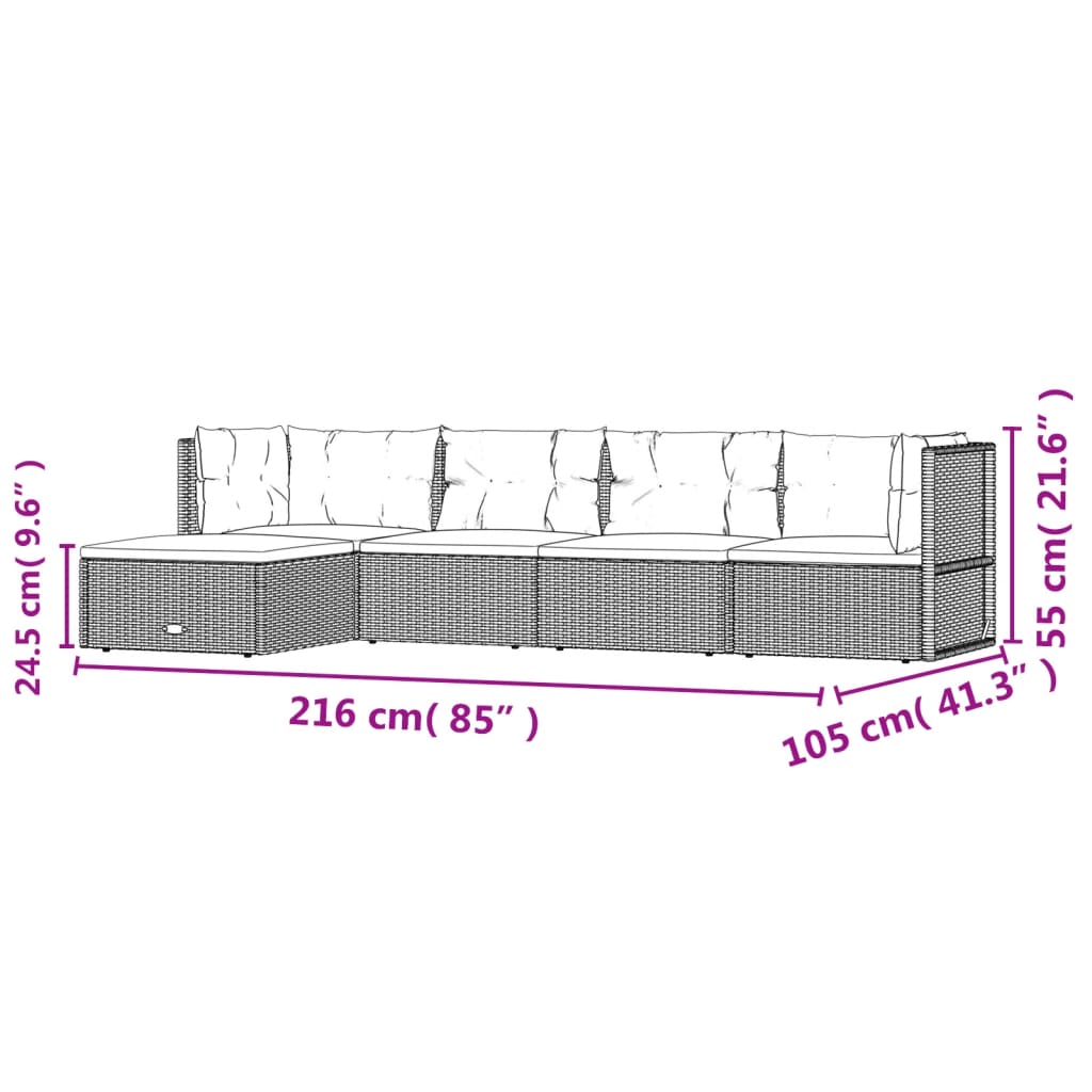 5 Piece Garden Lounge Set with Cushions Black Poly Rattan