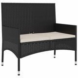 2-Seater Garden Bench with Cushions Black Poly Rattan - Front View