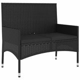 2-Seater Garden Bench with Cushions Black Poly Rattan - Front View