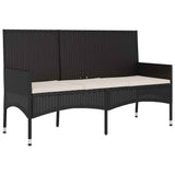 3-Seater Garden Bench with Cushions Black Poly Rattan - Front View