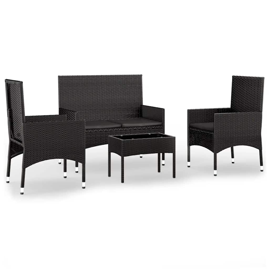 4 Piece Garden Lounge Set with Cushions Black Poly Rattan