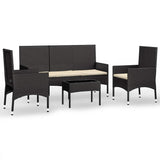 4 Piece Garden Lounge Set with Cushions Black Poly Rattan - Front View