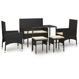 6 Piece Garden Lounge Set with Cushions Black Poly Rattan - Front View