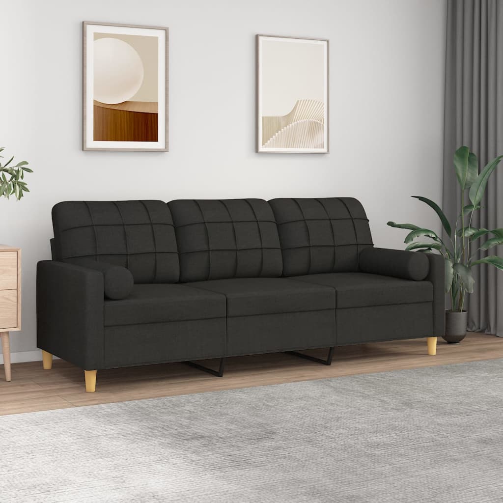 3-Seater Sofa with Pillows&Cushions Black 180 cm Fabric