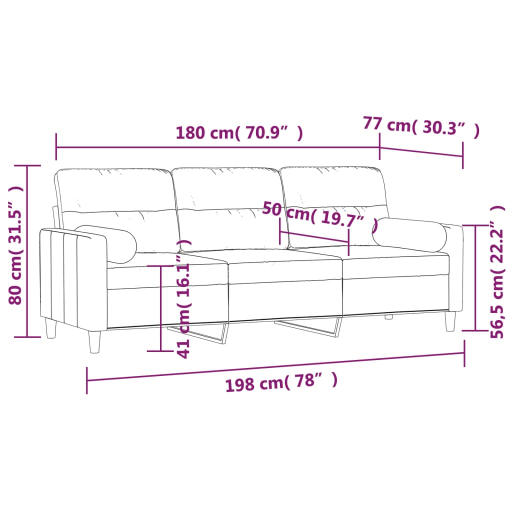 3-Seater Sofa with Pillows&Cushions Black 180 cm Fabric
