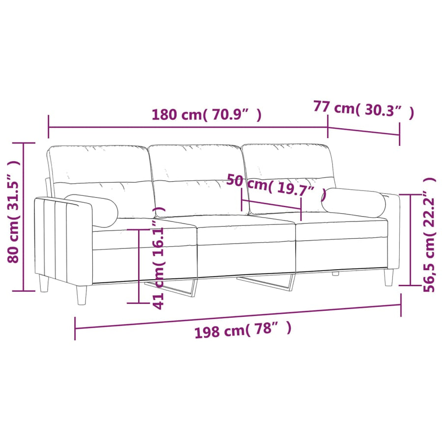 3-Seater Sofa with Pillows&Cushions Black 180 cm Fabric