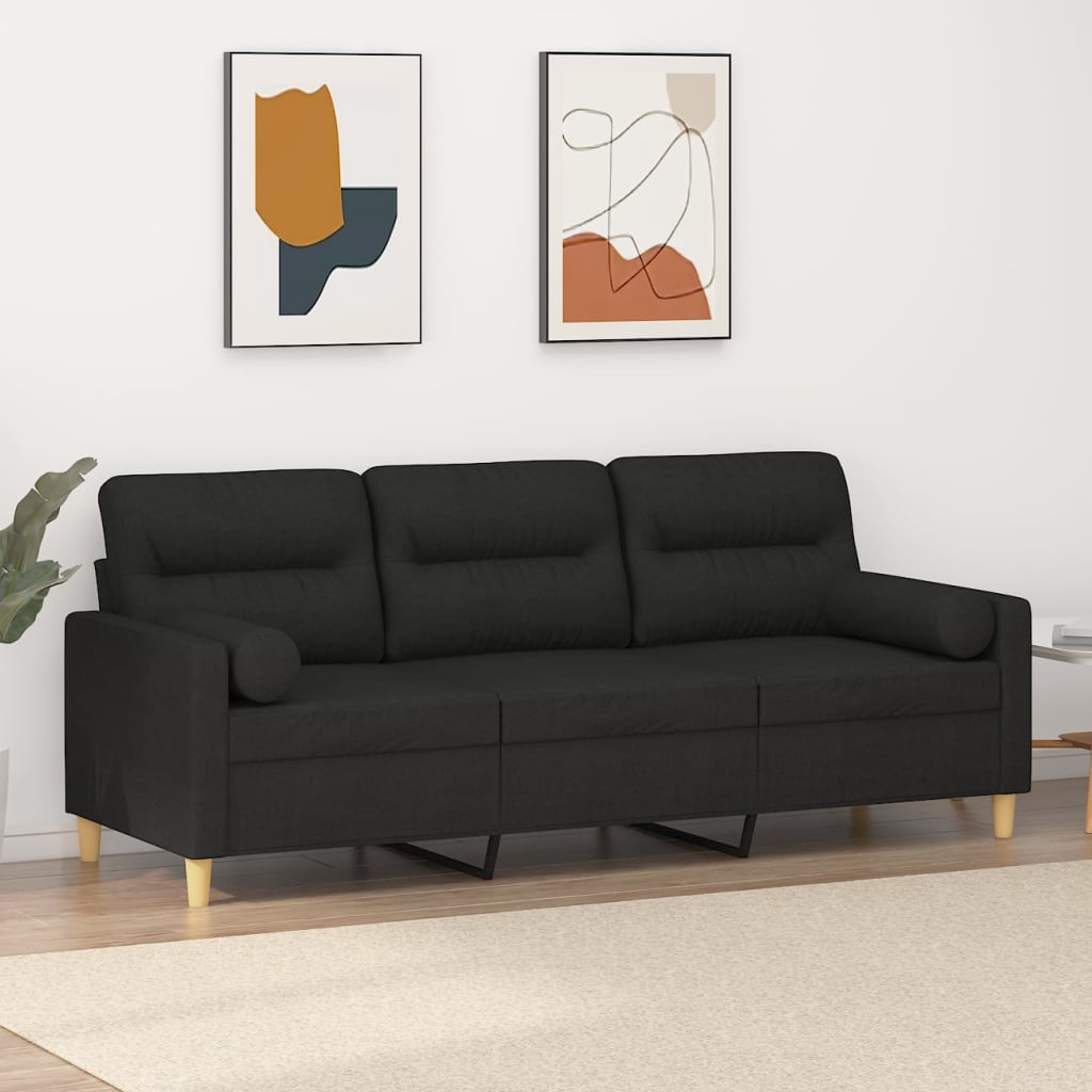 3-Seater Sofa with Pillows&Cushions Black 180 cm Fabric
