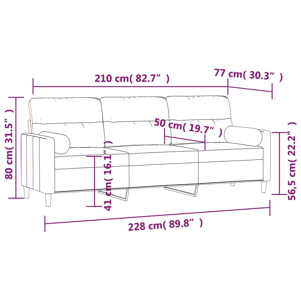 3-Seater Sofa with Pillows&Cushions Black 210 cm Fabric