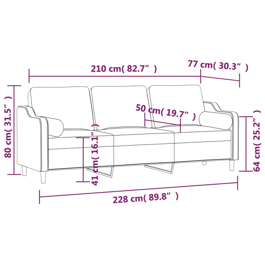 3-Seater Sofa with Pillows&Cushions Black 210 cm Fabric