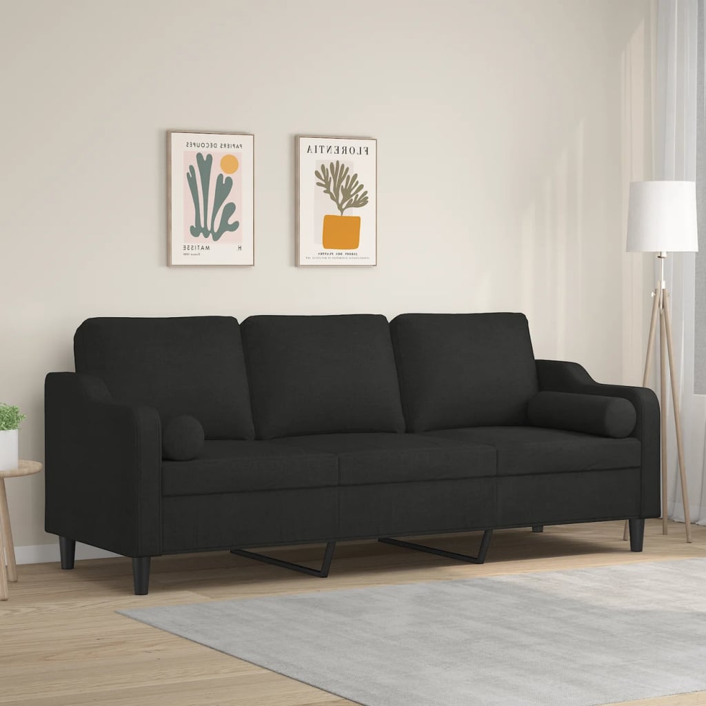 3-Seater Sofa with Pillows&Cushions Black 210 cm Fabric
