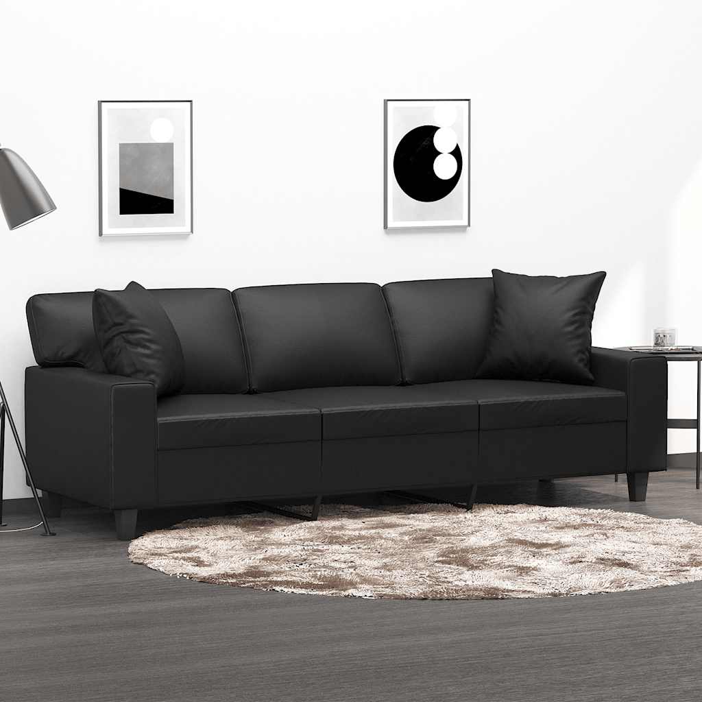 3-Seater Sofa with Pillows&Cushions Black 180 cm Faux Leather