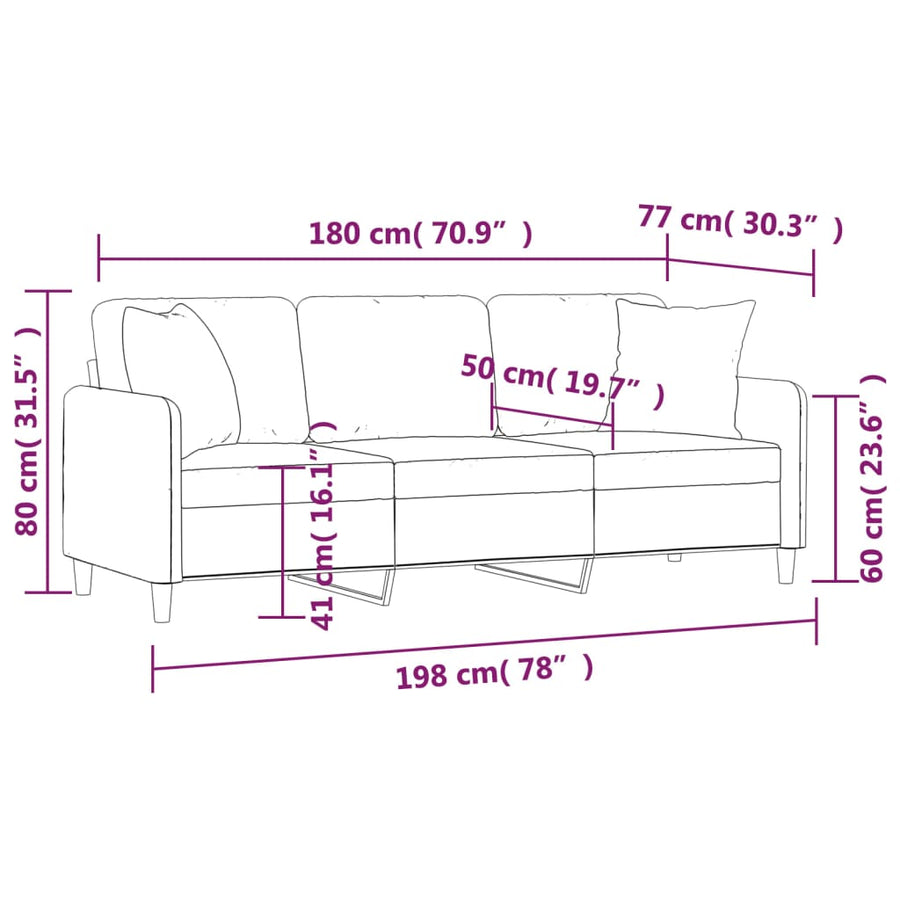 3-Seater Sofa with Pillows&Cushions Black 180 cm Fabric