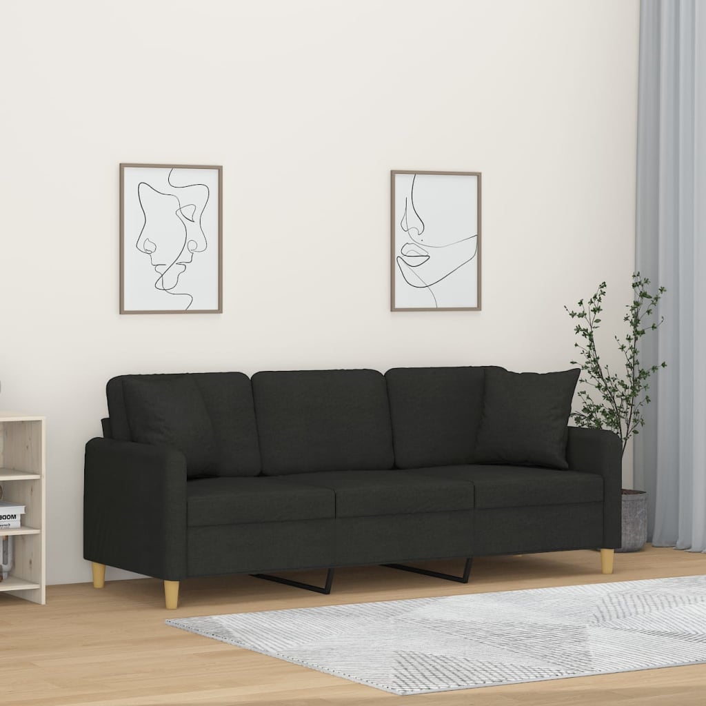 3-Seater Sofa with Pillows&Cushions Black 180 cm Fabric