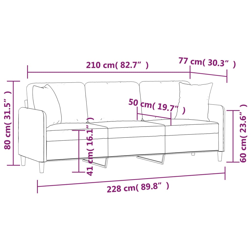 3-Seater Sofa with Pillows&Cushions Black 210 cm Fabric