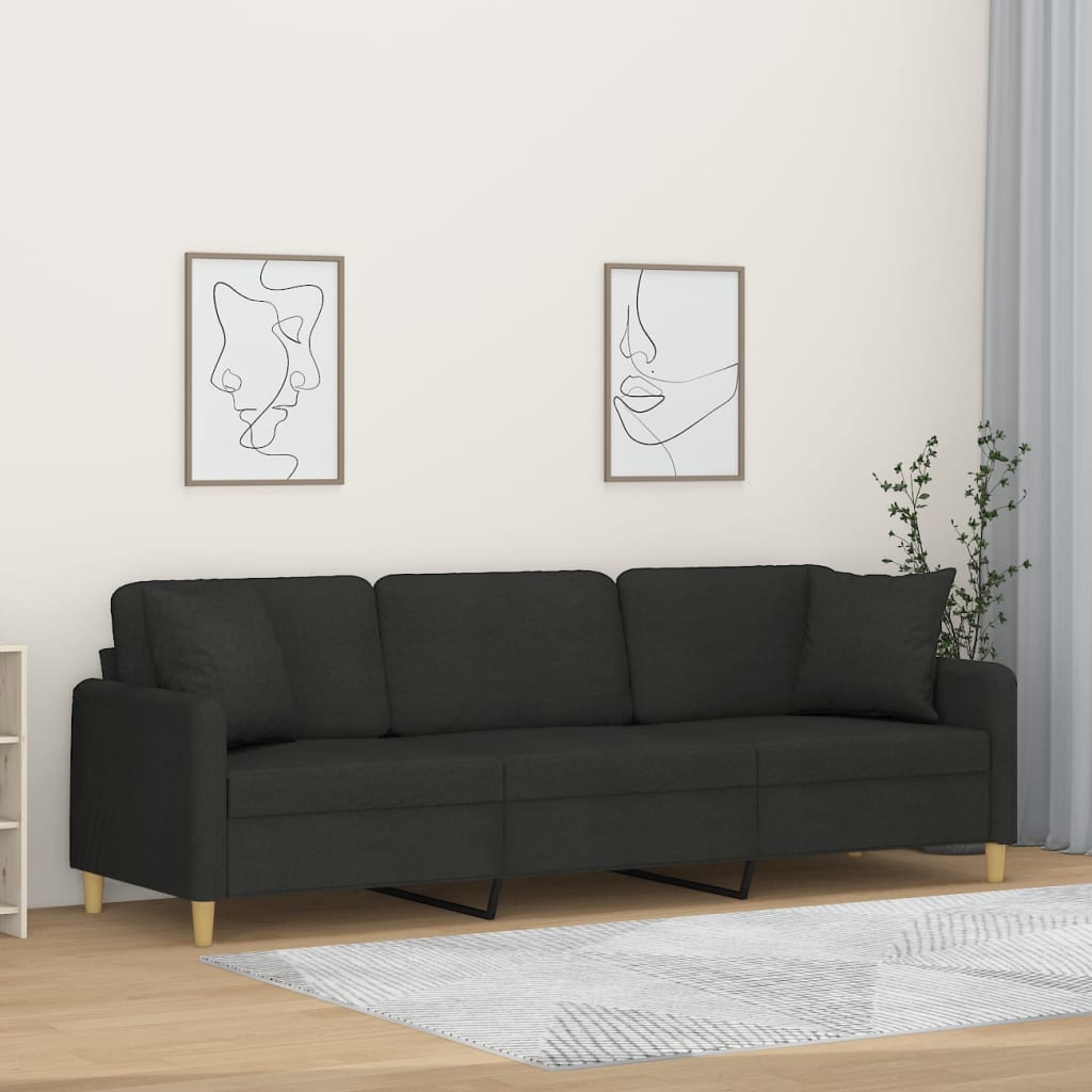 3-Seater Sofa with Pillows&Cushions Black 210 cm Fabric