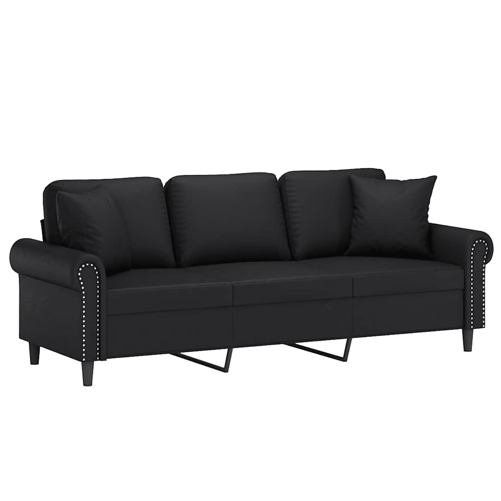 3-Seater Sofa with Pillows&Cushions Black 180 cm Faux Leather