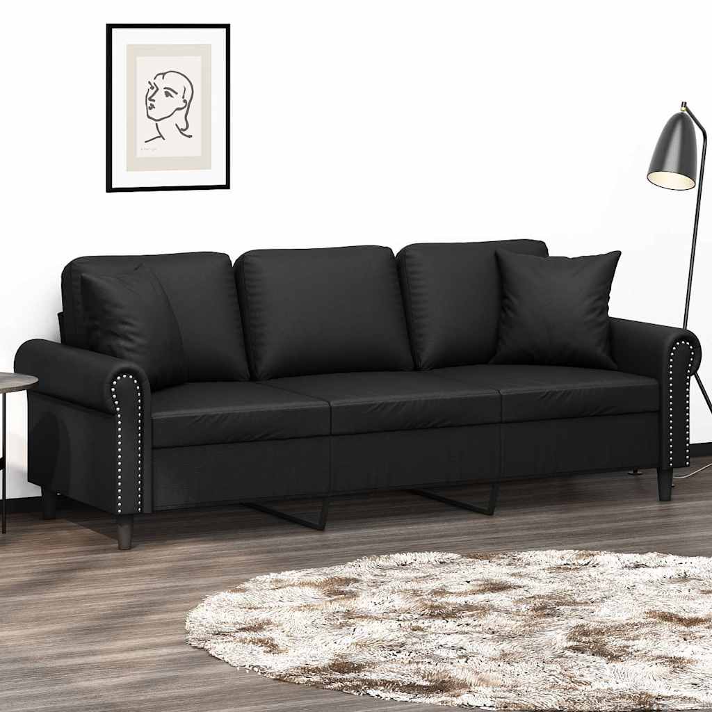 3-Seater Sofa with Pillows&Cushions Black 180 cm Faux Leather