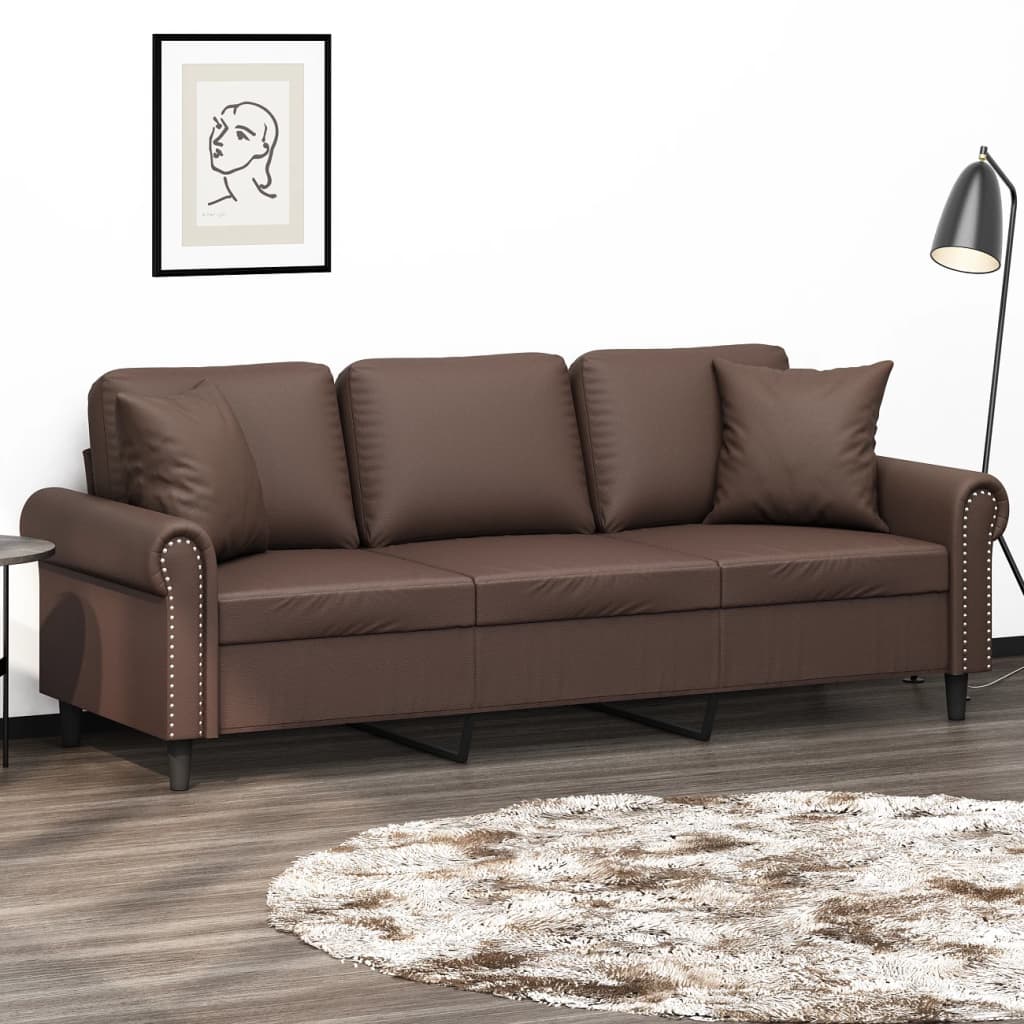 3-Seater Sofa with Pillows&Cushions Brown 180 cm Faux Leather