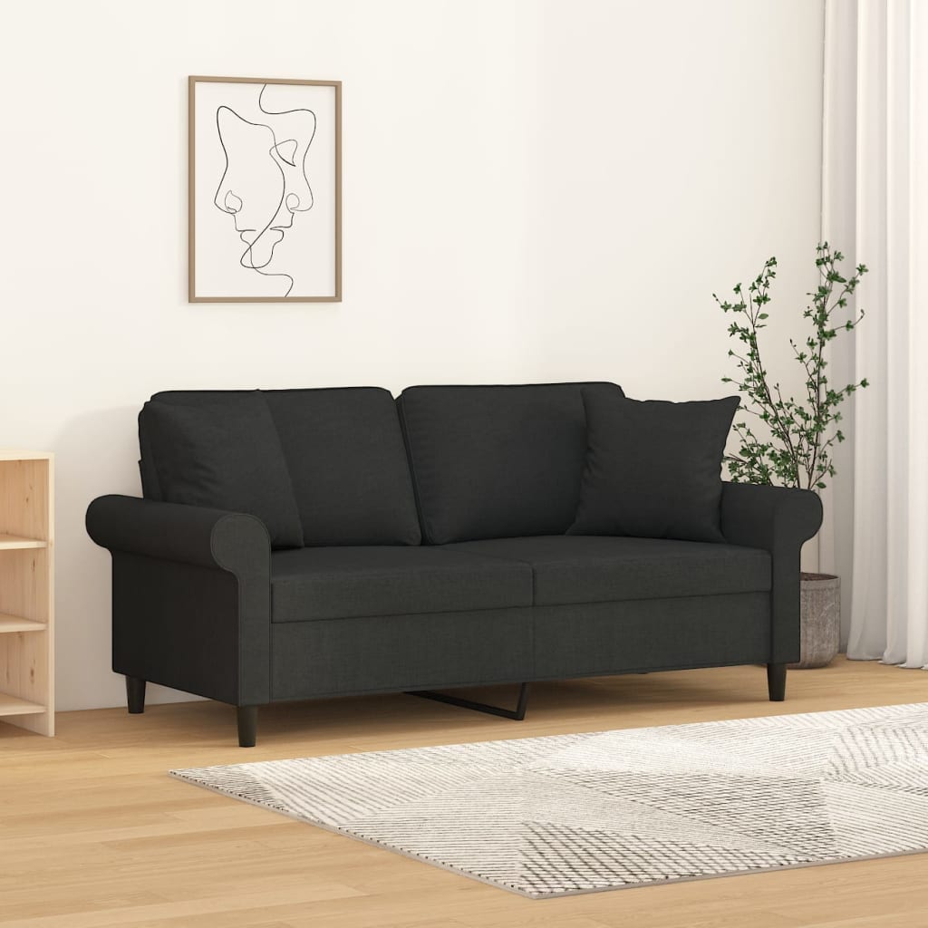 2-Seater Sofa with Pillows&Cushions Black 140 cm Fabric