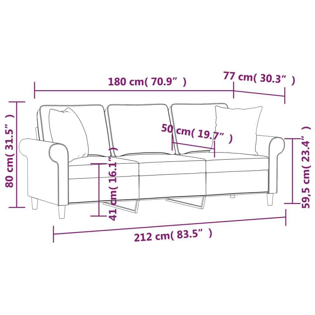 3-Seater Sofa with Pillows&Cushions Cream 180 cm Fabric