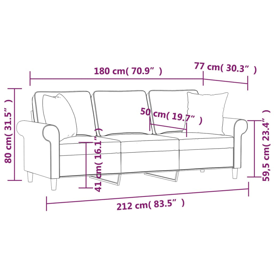 3-Seater Sofa with Pillows&Cushions Black 180 cm Fabric