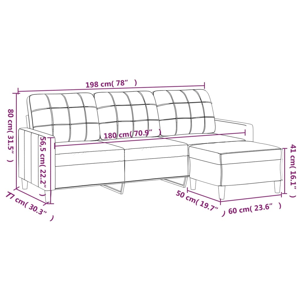 3-Seater Sofa with Footstool Cream 180 cm Fabric