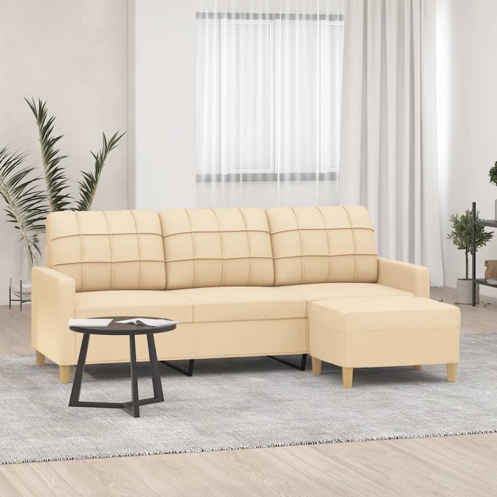 3-Seater Sofa with Footstool Cream 180 cm Fabric