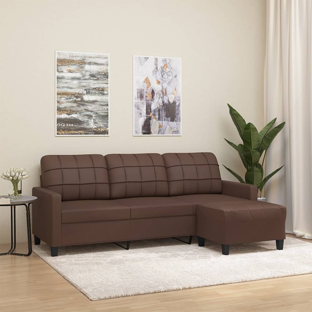 3-Seater Sofa with Footstool Brown 180 cm Faux Leather