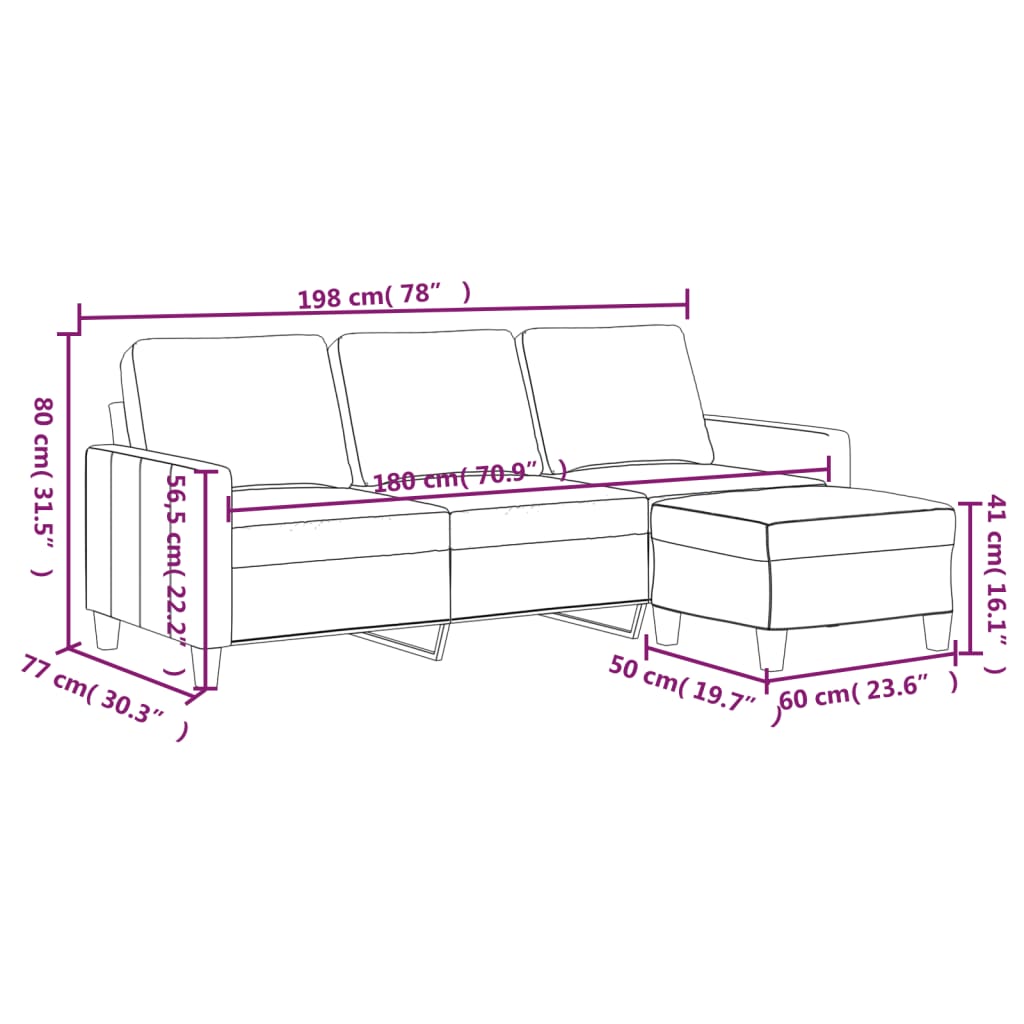 3-Seater Sofa with Footstool Black 180 cm Faux Leather
