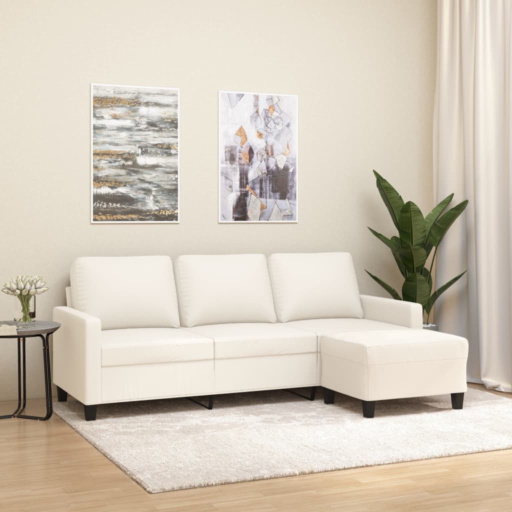 3-Seater Sofa with Footstool Cream 180 cm Faux Leather