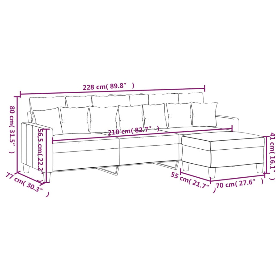 3-Seater Sofa with Footstool Cream 210 cm Fabric